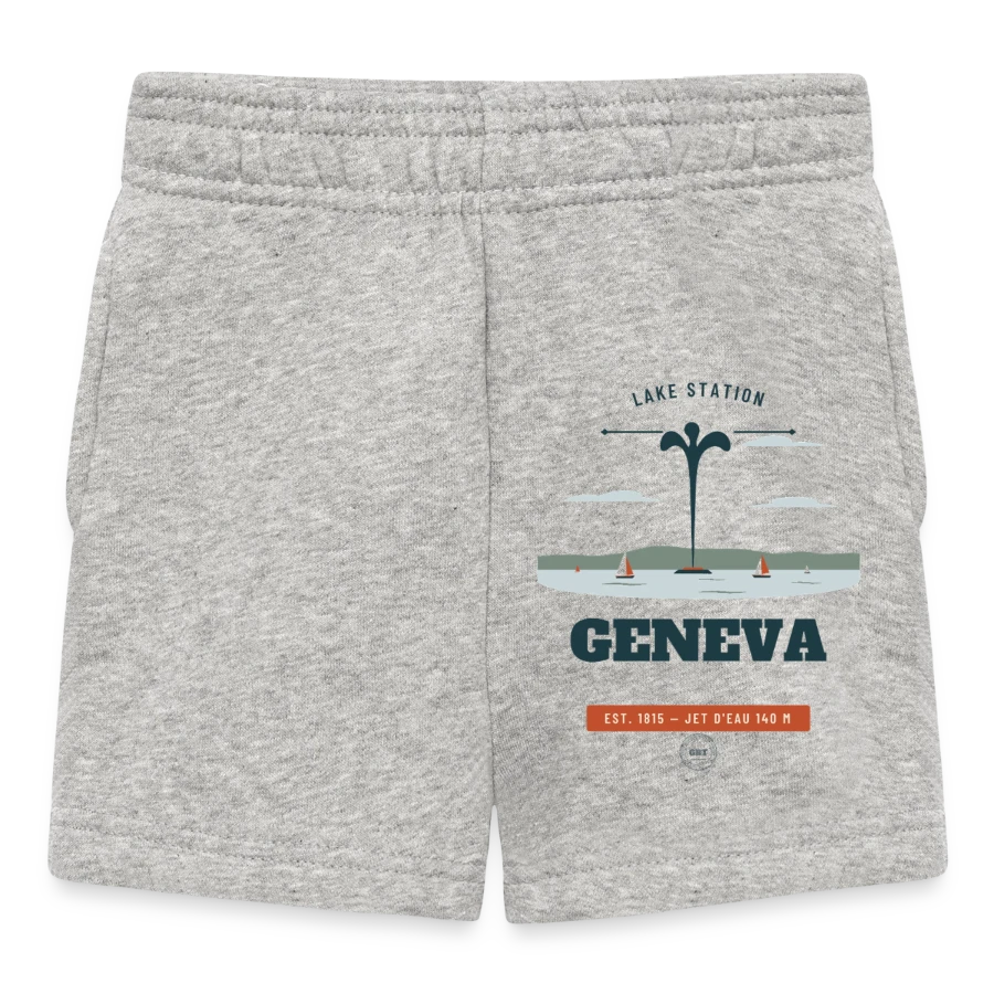 Geneva badge on a baby shorts, heather grey
