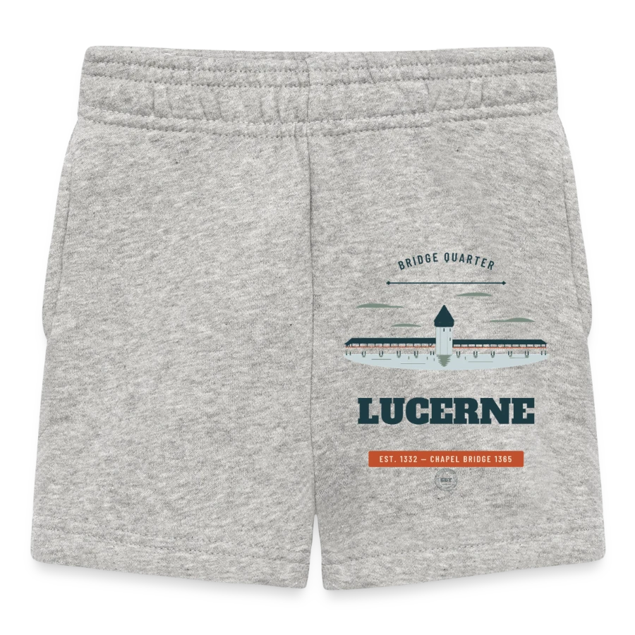 Lucerne badge on a baby shorts, heather grey