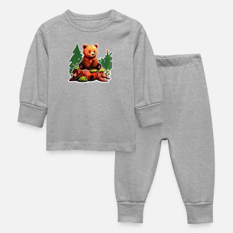A little bear perched on a tree stump - Baby Sleepsuit - heather grey
