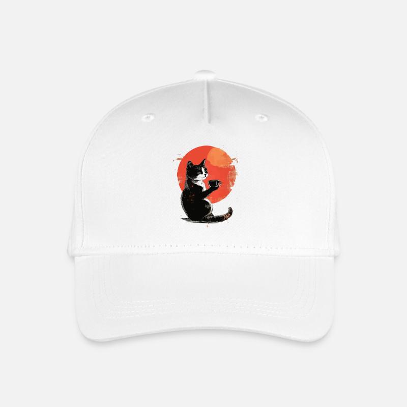 Katze mit Kaffee vor rotem Mond im Japan-Stil - Kinder Bio Basecap - Weiß
