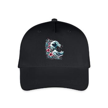 große Welle vor Kanagawa mit Blumen - Kinder Bio Basecap - Schwarz - Vorne