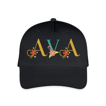 AVA Namenskunst mit gestickten Blumen - Kinder Bio Basecap - Schwarz - Vorne