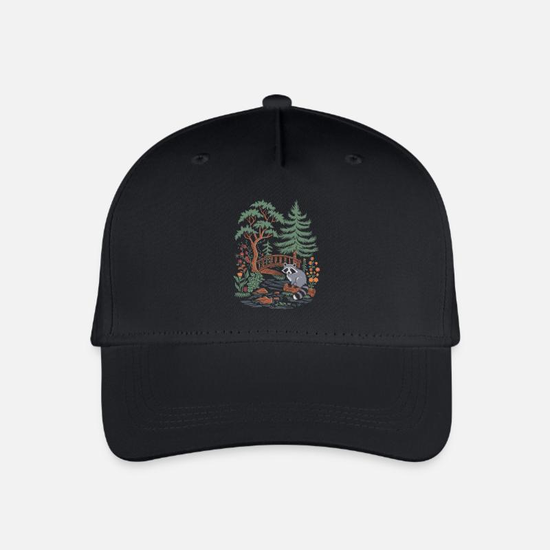 Cottagecore Waldlandschaft mit Waschbär und Brücke - Kinder Bio Basecap - Schwarz