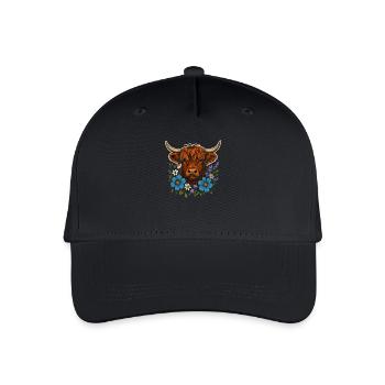 Highland-Kuh mit Blumenkranz – Landleben Stil - Kinder Bio Basecap - Schwarz - Vorne