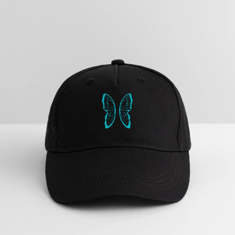 Turquoise butterfly wing pattern on black Organic Kids’ Baseball Cap