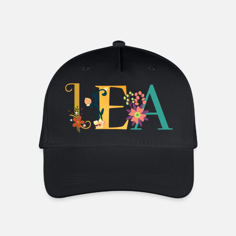 LEA Namenskunst mit gestickten Blumen - Kinder Bio Basecap - Schwarz