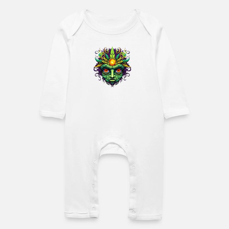 Psychedelic Mask Face with Sun Crown - Baby Organic Romper - white