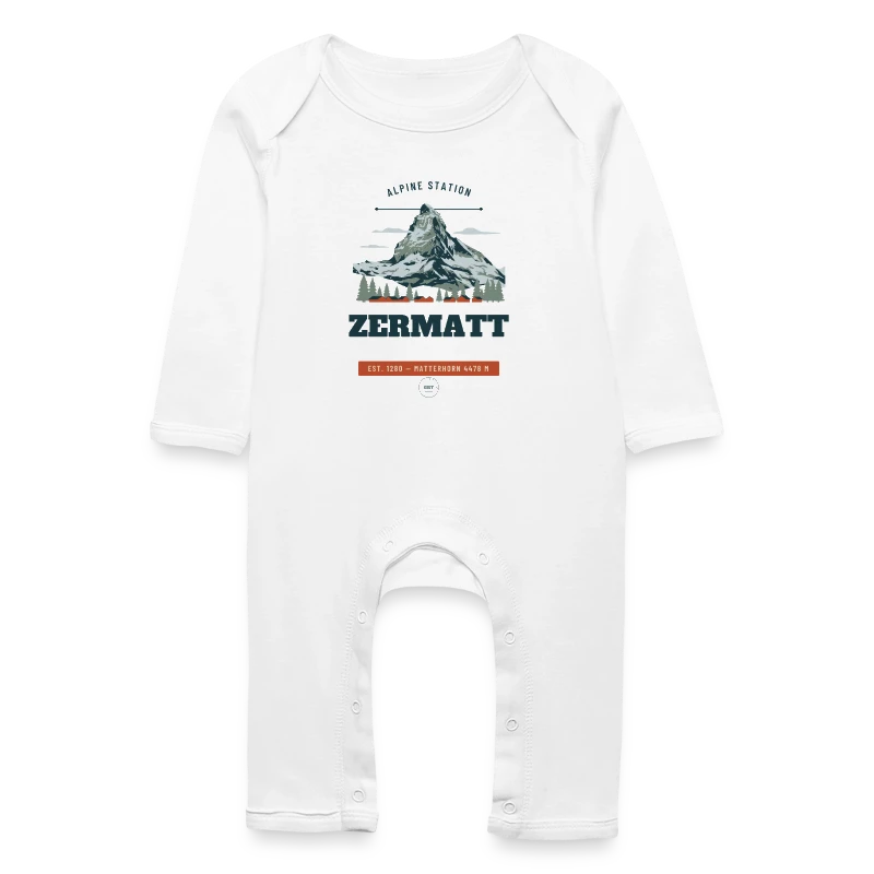 Zermatt badge on a baby organic romper