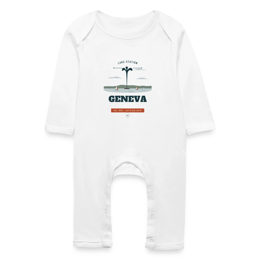 Geneva badge on a baby organic romper, white