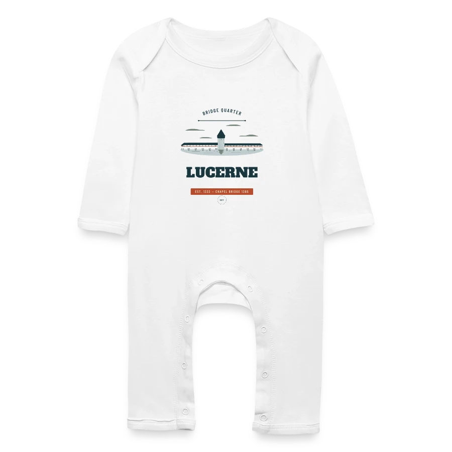Lucerne badge on a baby organic romper, white