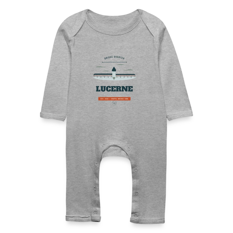 Lucerne badge on a baby organic romper, heather grey