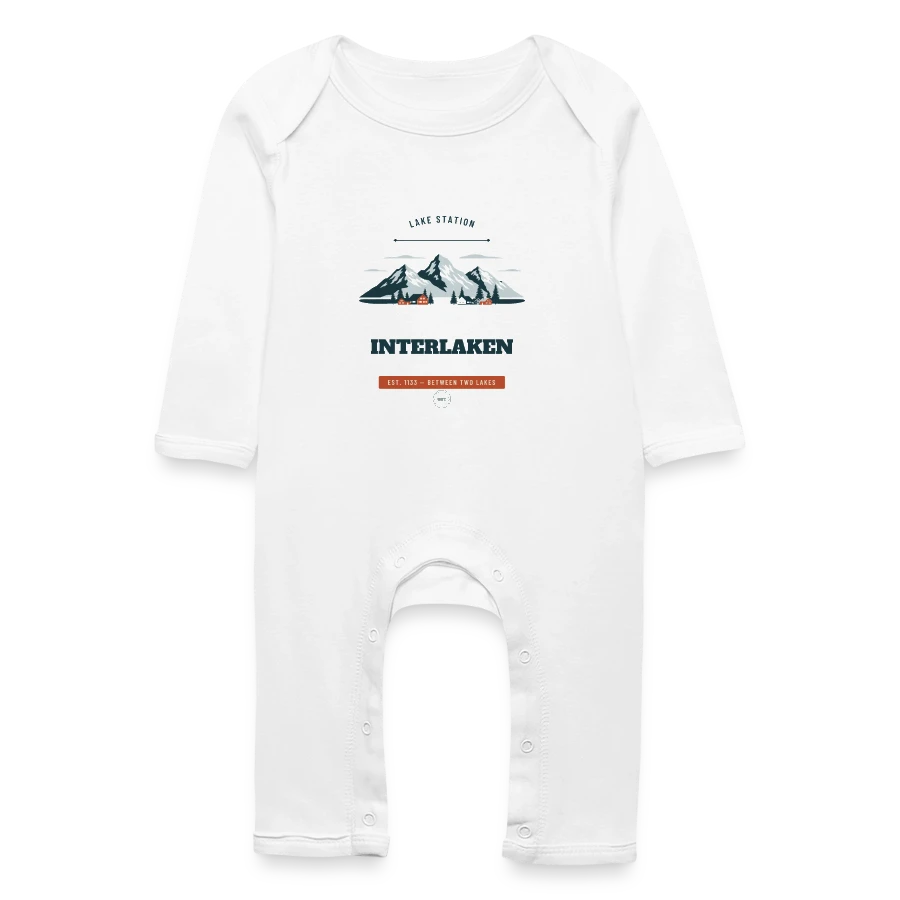 Interlaken badge on a baby organic romper, white