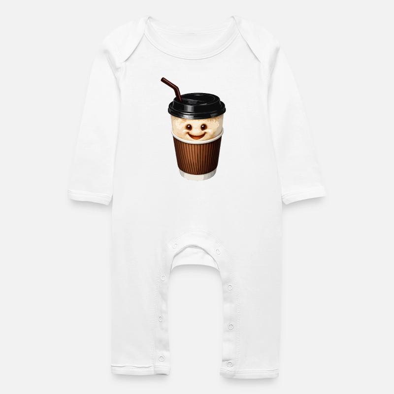 Lächelnde Kaffeetasse mit Strohhalm - Baby Bio Strampler - Weiß