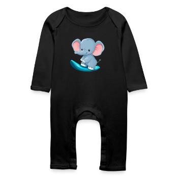 Surfer Elephant, Adventurous Animal Design - Baby Organic Romper - black - Front