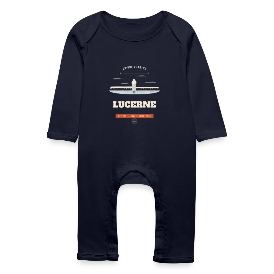Lucerne badge on a baby organic romper, navy