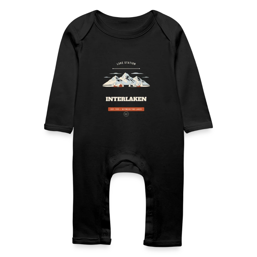 Interlaken badge on a baby organic romper, black