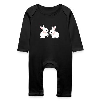 White bunny twins - baby easter bunny pink ear - Baby Organic Romper - black - Front