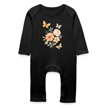 Pastel Flowers Butterfly Motifs - Baby Organic Romper - black - Front
