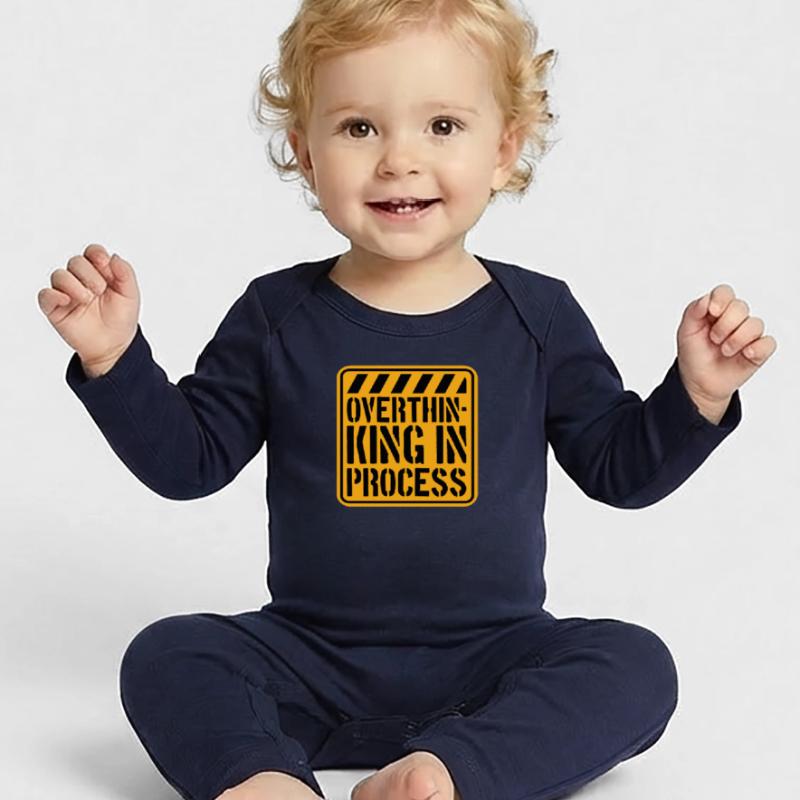 Overthinking In Process Funny Brooding Saying Logo Baby Organic Romper