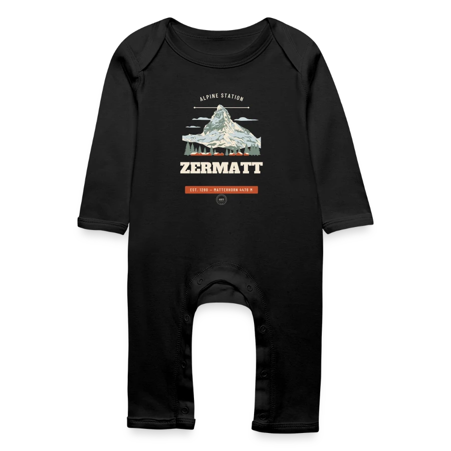 Zermatt badge on a baby organic romper, black