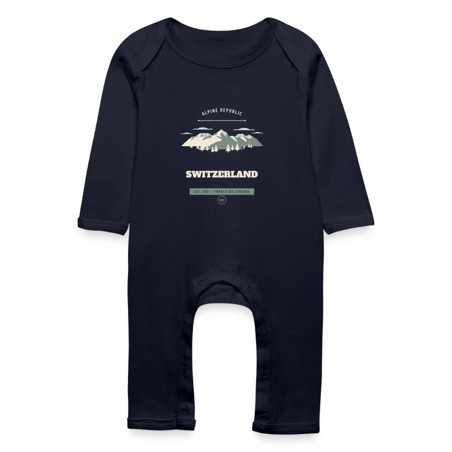 Switzerland badge on a baby organic romper, navy