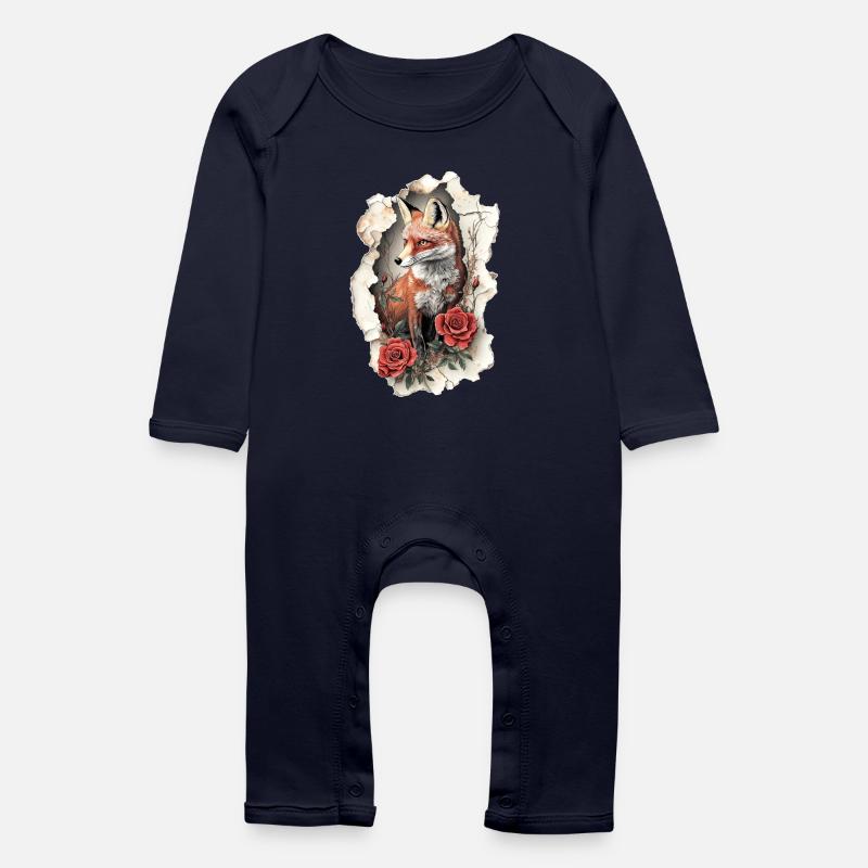 Renard avec des fleurs - Grenouillère bio Bébé - marine