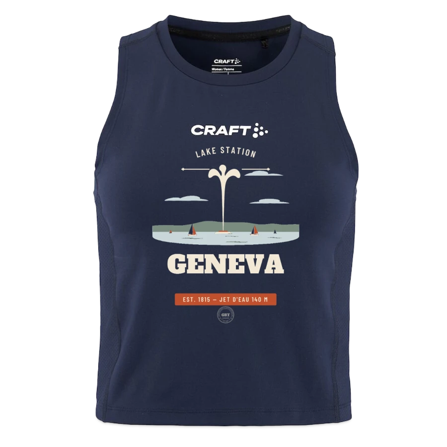 Geneva badge on a craft rush 2.0 women's crop singlet, dark navy