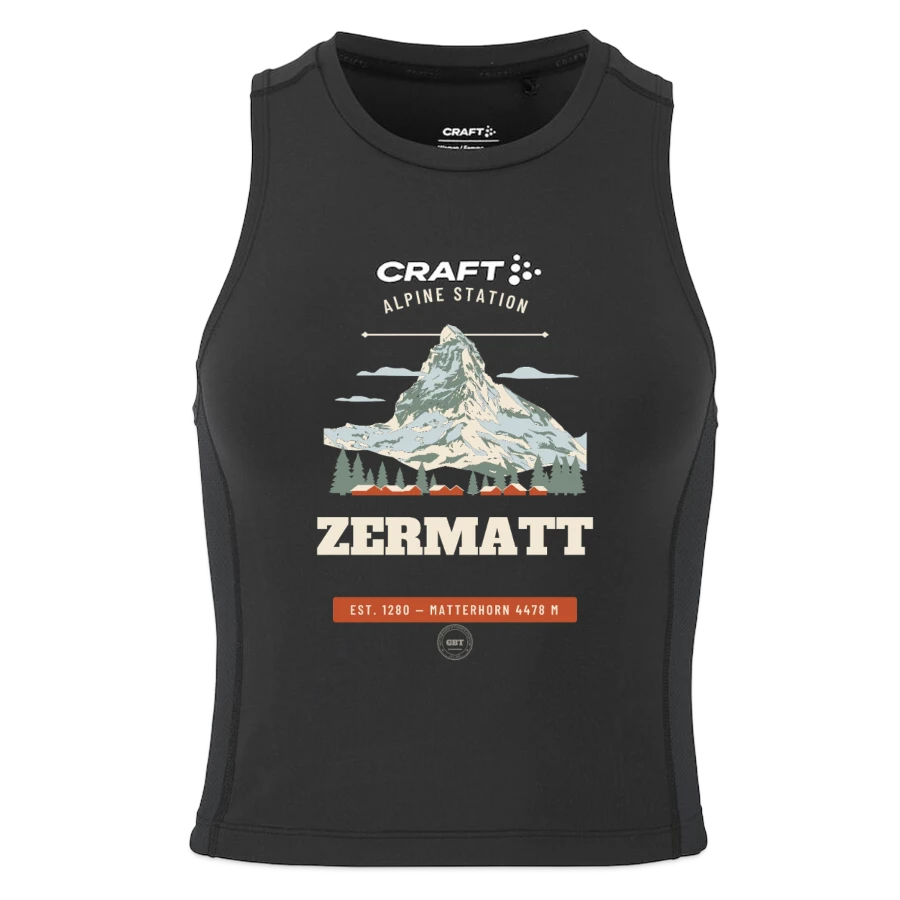 Zermatt badge on a craft rush 2.0 women's crop singlet, black
