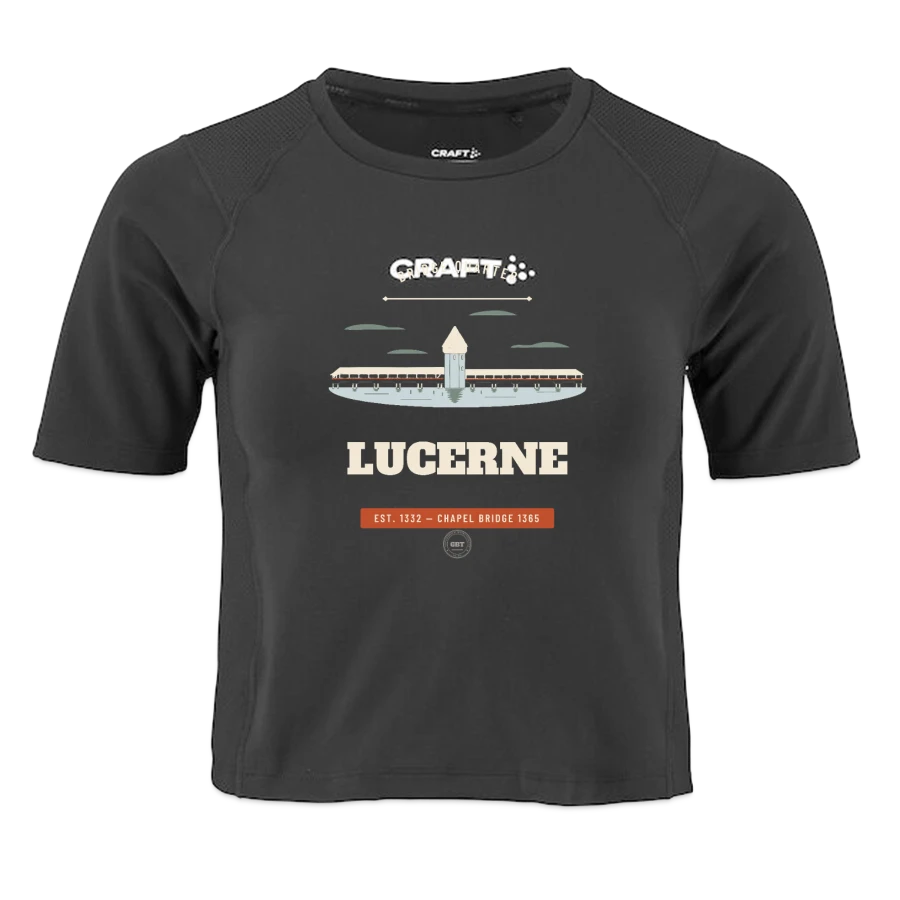 Lucerne badge on a craft rush 2.0 women's crop t-shirt, black