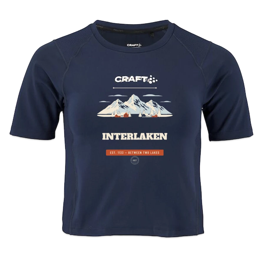 Interlaken badge on a craft rush 2.0 women's crop t-shirt, dark navy