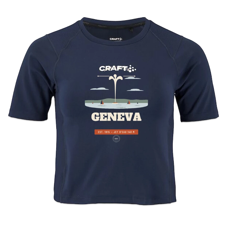Geneva badge on a craft rush 2.0 women's crop t-shirt, dark navy
