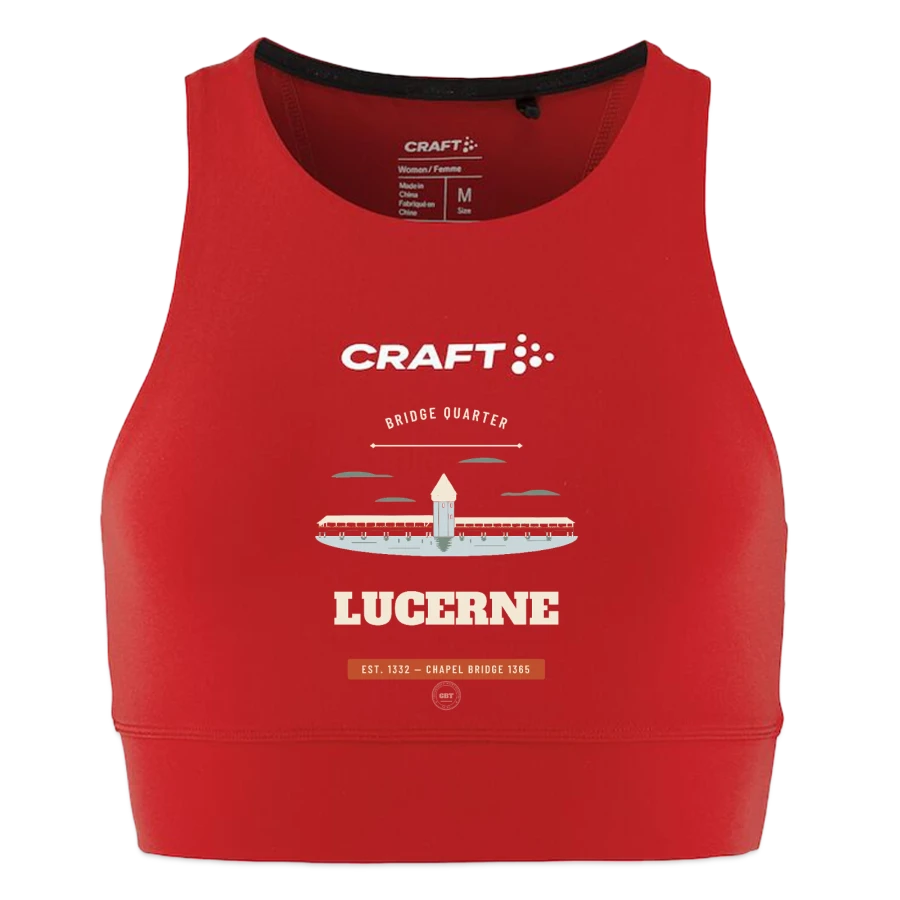 Lucerne badge on a craft rush 2.0 women's crop top, red