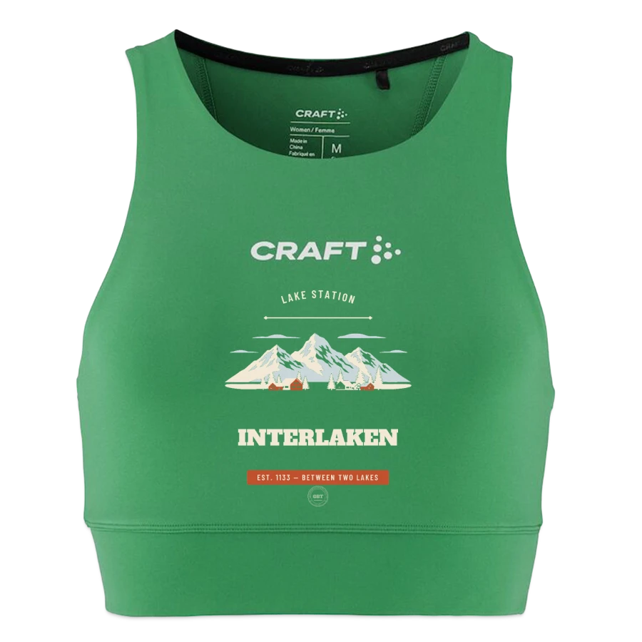 Interlaken badge on a craft rush 2.0 women's crop top, emerald