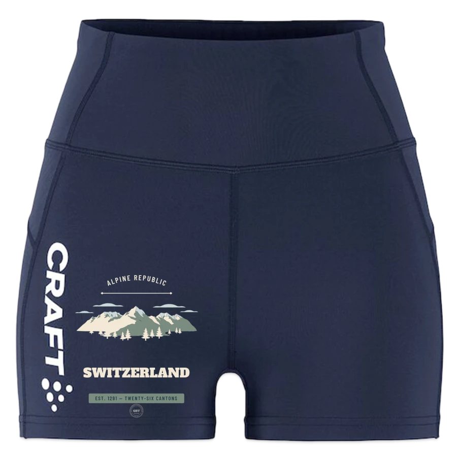 Switzerland badge on a craft rush 2.0 women's hot pants, dark navy