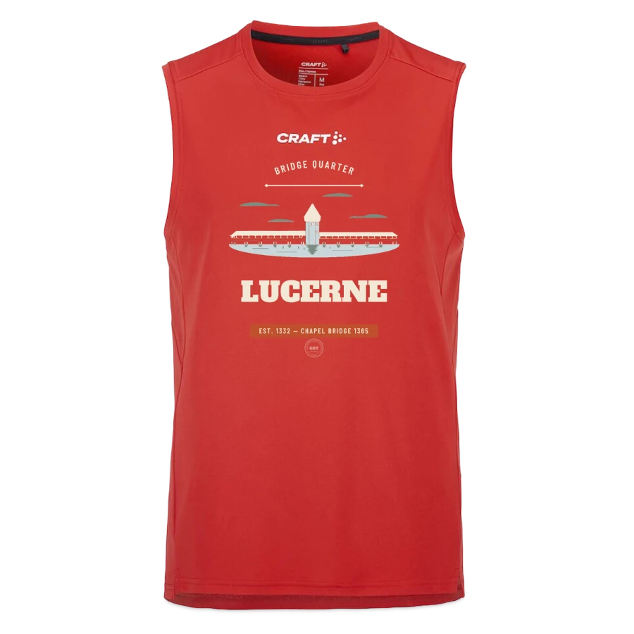 Lucerne badge on a craft rush 2.0 singlet, red