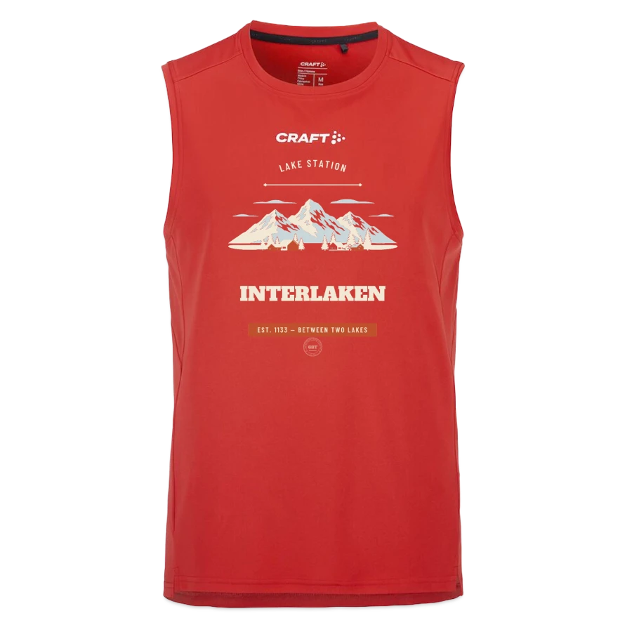 Interlaken badge on a craft rush 2.0 singlet, red