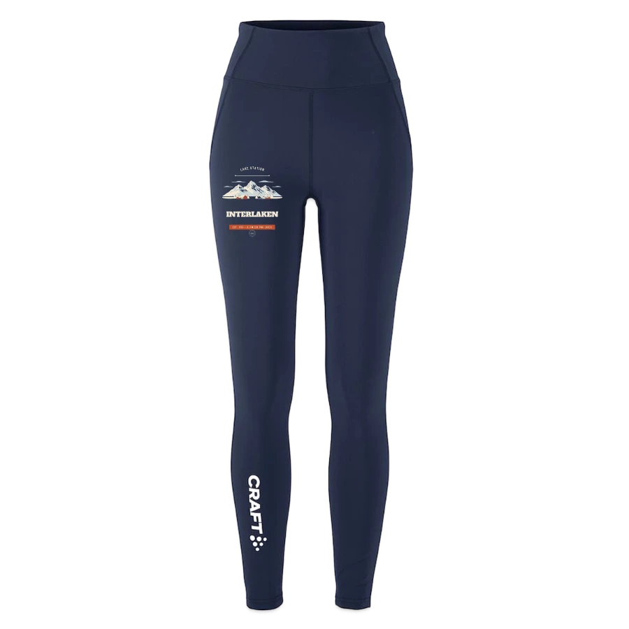 Interlaken badge on a craft rush 2.0 women's tights, dark navy