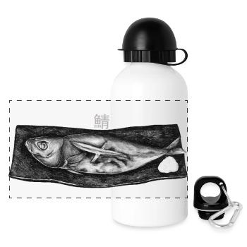 Saba Shioyaki Japanese Fish Illustration - Panoramic Thermal Bottle with Lid 500 ml - white - Front