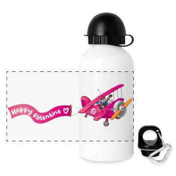 Mein Valentinstag, Pilot mit Blumen im Flugzeug - Panorama Trinkflasche mit Deckel 500 ml - Weiß - Vorne