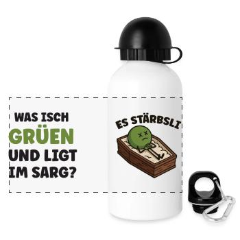 Flachwitz Stärbsli: Was isch grüen und ligt im... - Panorama Trinkflasche mit Deckel 500 ml - Weiß - Vorne