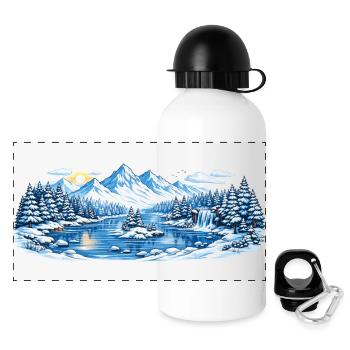 Winter mountain landscape by the lake - Panoramic Thermal Bottle with Lid 500 ml - white - Front