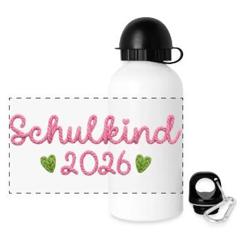Schulkind 2026 mit Herzen Faux Yarn Strickmuster  - Panorama Trinkflasche mit Deckel 500 ml - Weiß - Vorne