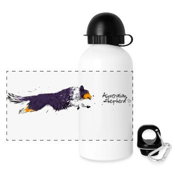 Australian Shepherd, black tri, springend - Panorama Trinkflasche mit Deckel 500 ml - Weiß - Vorne