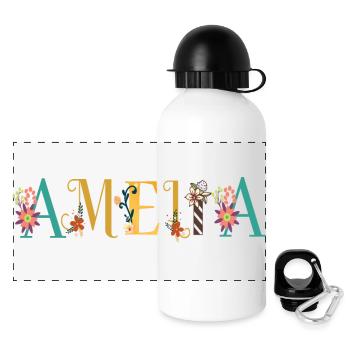 AMELIA Namenskunst mit gestickten Blumen - Panorama Trinkflasche mit Deckel 500 ml - Weiß - Vorne