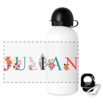 JULIAN Namenskunst mit gestickten Blumen - Panorama Trinkflasche mit Deckel 500 ml - Weiß - Vorne
