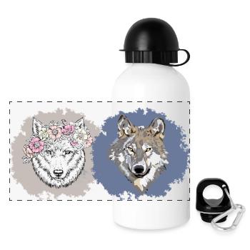 Floral and Realistic Wolves – Dual Nature Design - Panoramic Thermal Bottle with Lid 500 ml - white - Front