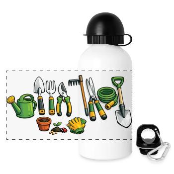 Cartoon Garden Tools – Funny Garden Design - Panoramic Thermal Bottle with Lid 500 ml - white - Front