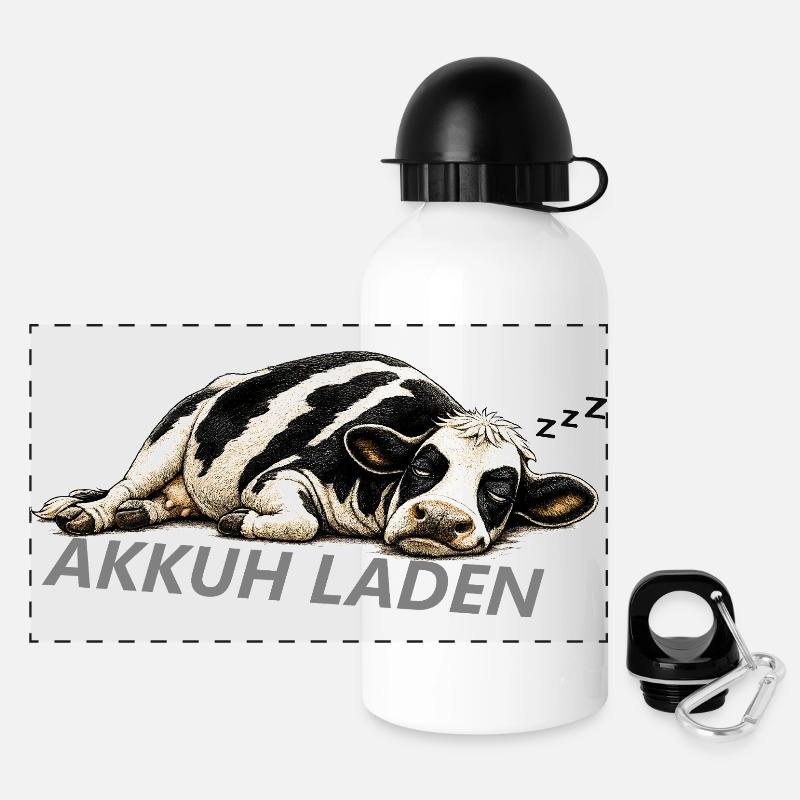 Akkuh Laden Lustige Schlafende Kuh - Panorama Trinkflasche mit Deckel 500 ml - Weiß