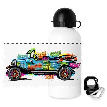 Colorful Comic Car/ Vintage Car Vintage Print - Panoramic Thermal Bottle with Lid 500 ml - white - Front
