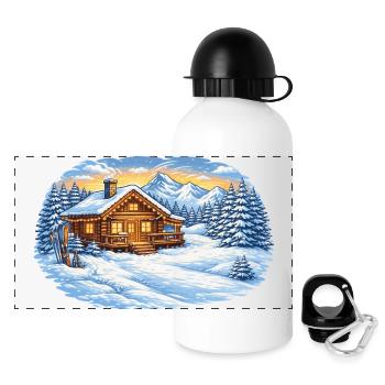 Winterliche Skihütte in den Bergen – Alpenidylle - Panorama Trinkflasche mit Deckel 500 ml - Weiß - Vorne